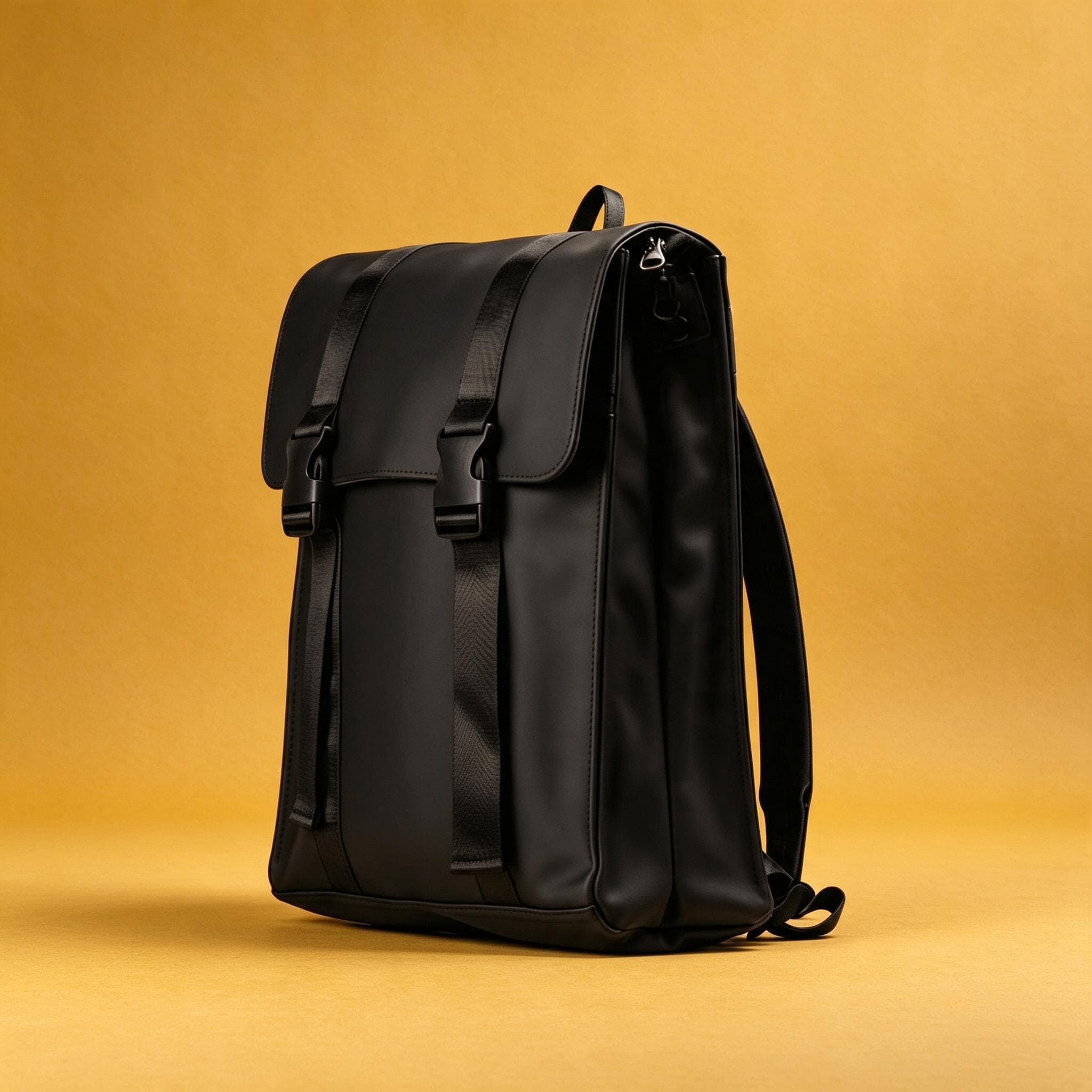 Black backpack on a mustard studio backdrop