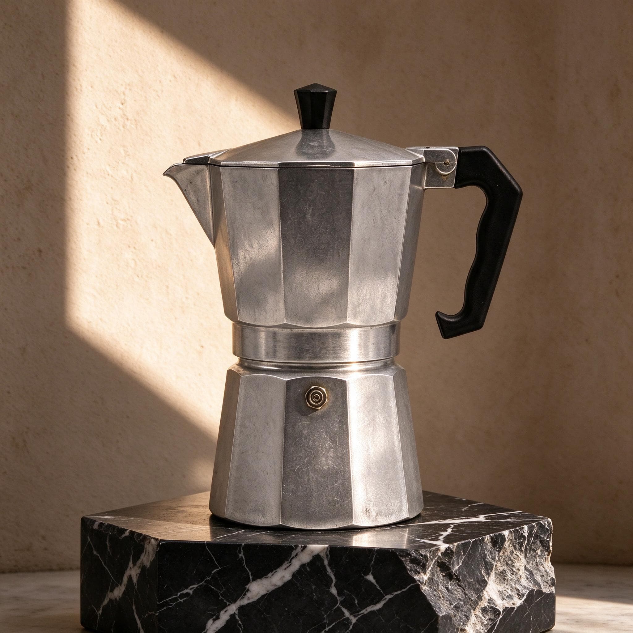 Μπρίκι espresso σε βάθρο από μαύρο μάρμαρο μπροστά σε καφέ τοίχο