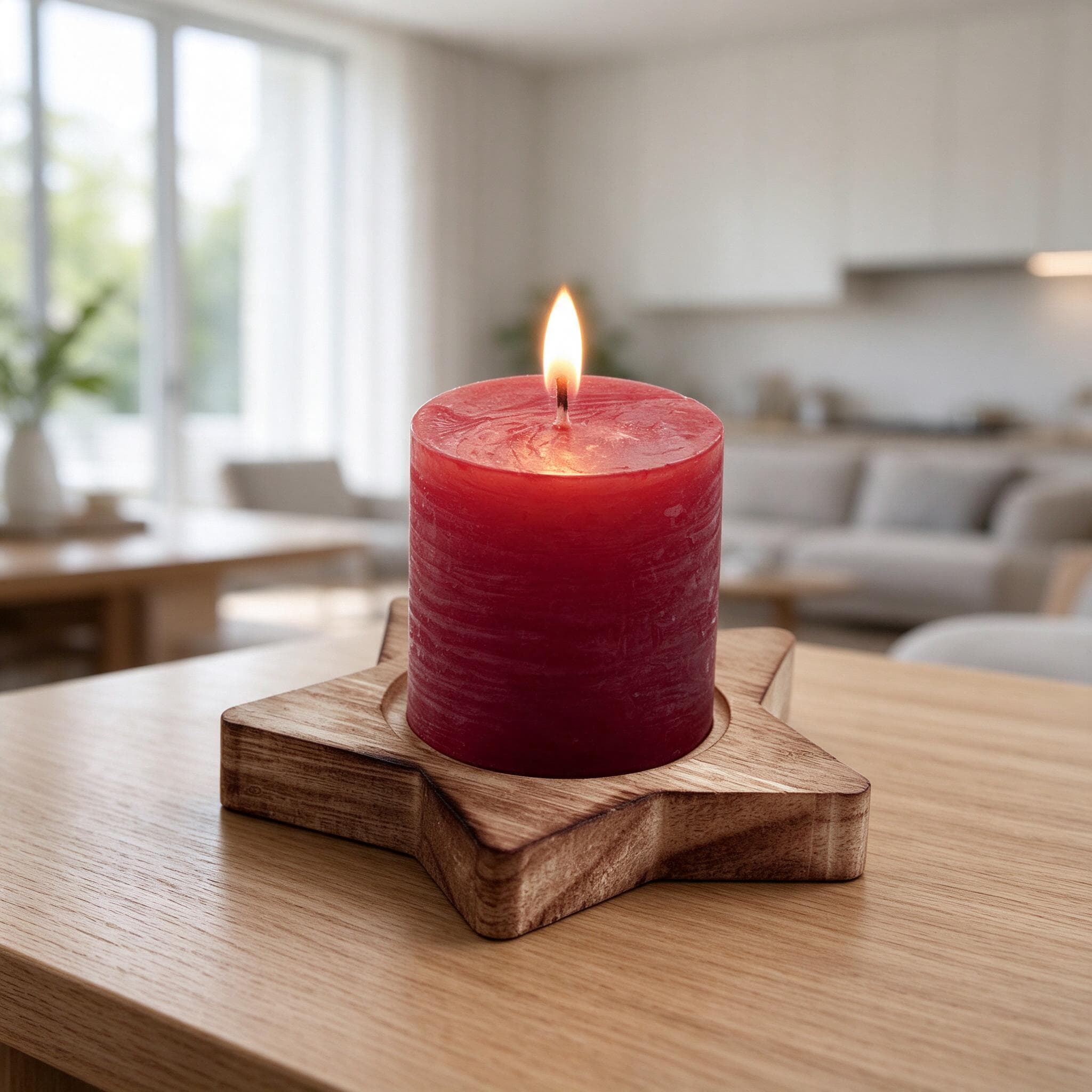 Red pillar candle on a wooden star in a bright living room