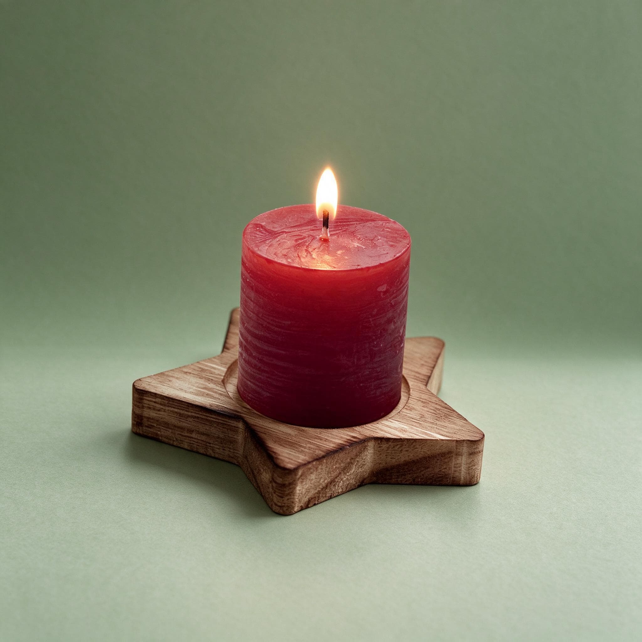 Red candle on a wooden star against a sage studio backdrop