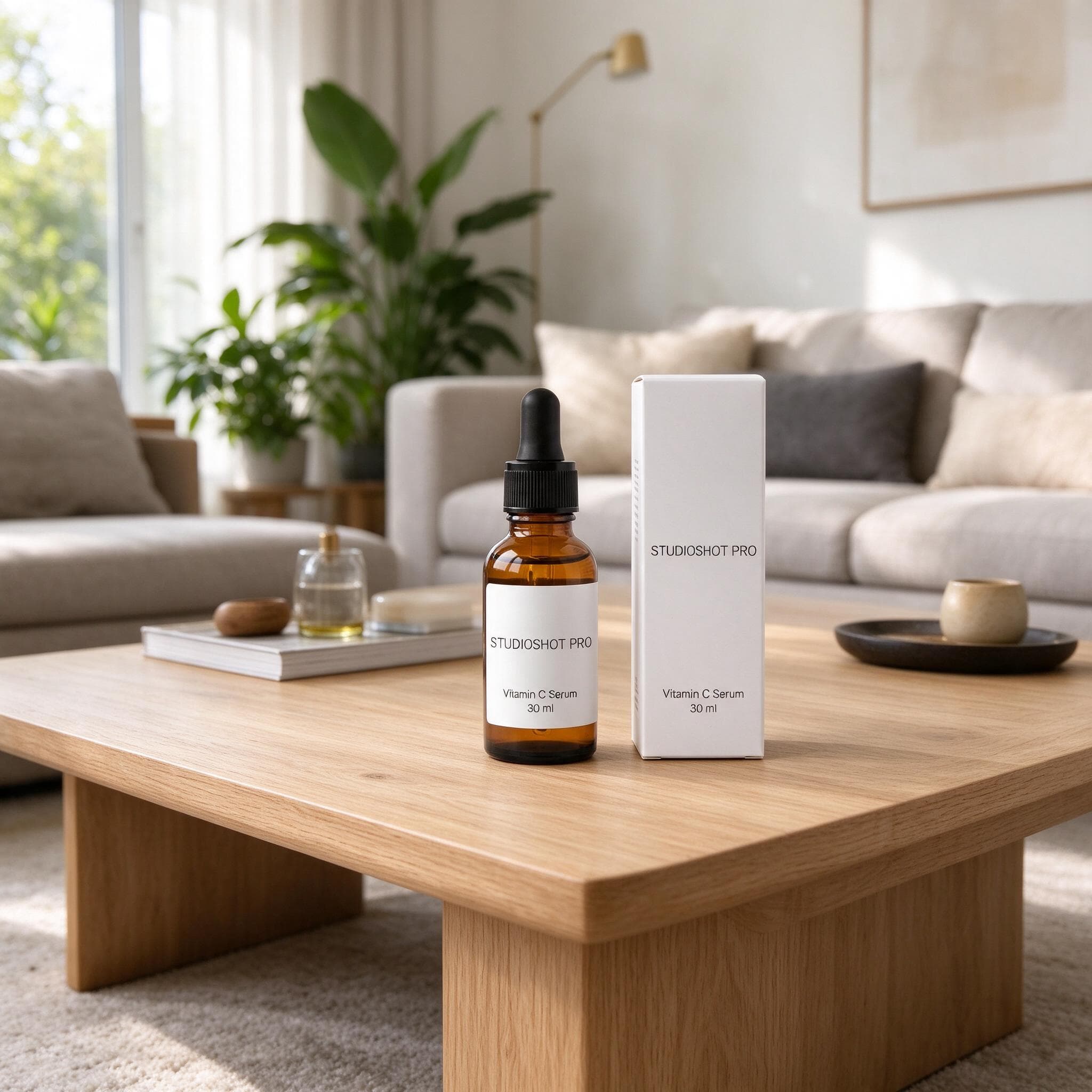 Serum bottle and box on a coffee table in a bright living room